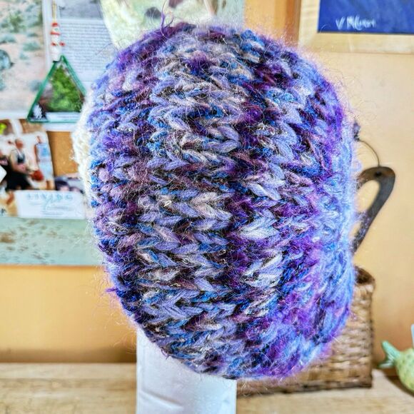 Hand Knit Hat Womens Partridge Studio NC Slouchy Chunky Beret Blues Ivory Tan - Picture 3 of 9